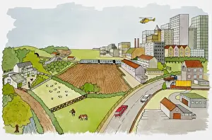 Vehicles Prints: Train, helicopter and road vehicles travelling on border between built urban area and countryside farmland