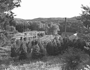 Transformer yard, (B&W), elevated view