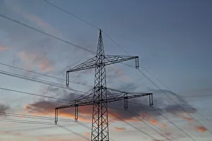 Images Dated 22nd April 2012: Transmission tower or electricity pylon, evening mood, cloudy sky, Baden-Wuerttemberg, Germany