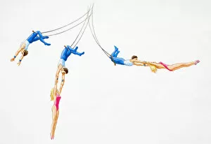 Performance Gallery: Trapeze artists in motion during performance, steps from start to completion of move