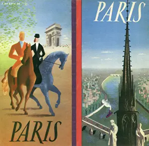 Prints of A travel brochure for Paris features an illustration of a man and a woman horseback riding near the Champs-Élysées and another illustration of an old historic tower A Visual Journey Through Jim Heimann’s Collage Illustrations—Celebrating the Art of Vintage Ephemera and Pop History: Paris