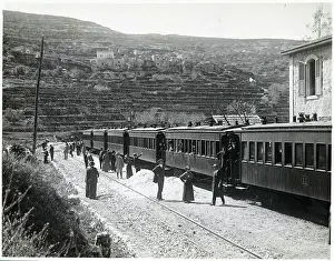 Palestine Prints: Travelers Alongside Train at Palestinian Station