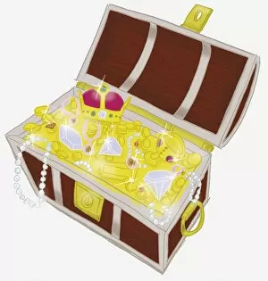 Treasure chest containing gold coins, pearl necklaces, diamonds, drinking vessel and crown