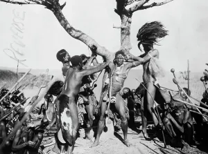 Traditional Style Prints: Tribe Members Tie Man to Tree for Exorcism