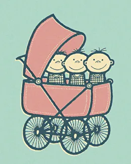 Blue Background Gallery: Triplet Babies in Baby Buggy