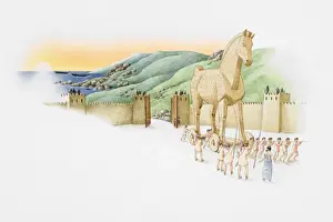 Fortification Prints: Trojan Wars, giant hollow wooden horse led by Greek warriors