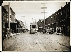 Trolley Prints: Trolley Car Blocked By Dirt Pile W/Flag