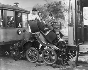 Prints of 1930: American actor Oliver Hardy (1892-1957) and British-born actor Stan Laurel (R) (1890-1965) Timeless Comedy Icons: Classic Moments from the Legendary Duo: Trolley Sandwich