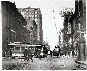 Trolley Prints: Trolleys And Horse And Carriage On Stree