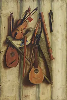 Prints of Trompe l'oeil with Musical Instruments, 1672. Found in the collection of the Statens Museum for Kunst, Copenhagen. Artist Gijsbrechts, Franciscus (1649-after 1677) Quiet Beauty: Moments of Stillness Captured in Art: Trompe Loeil With Musical Instruments
