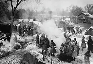 Manchuria Prints: Troops Warm Themselves at Fires