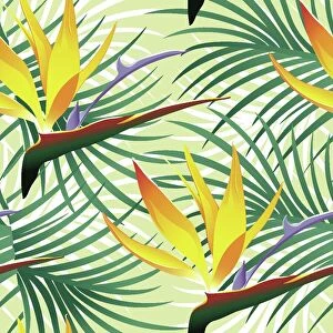Images Dated 25th August 2019: Tropical Pattern With Leaves and Flowers - Vector Illustration