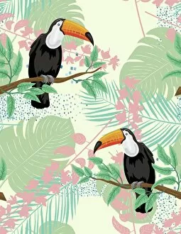 Images Dated 25th August 2019: Tropical Plants And Toucan Seamless Pattern