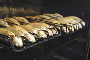 Images Dated 24th August 2013: Trouts are being smoked in a smoker or smokehouse, Bergisches Land, Germany