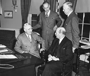 Prints of US President Harrys Truman (1884 - 1972) (seated left) meets with British Prime Minister Clement Attlee (1883 - 1967) (seated right) discuss the NATO's military strength, Washington DC, December 6 A Quiet Strength: A Leader Who Shaped Modern Britain: Truman & Attlee Discuss NATO