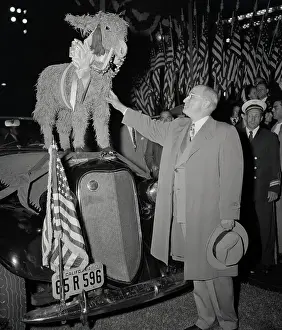 Truman Touching Donkey Mascot