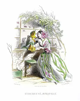 Grandville Prints: Tuberose Daffodil- Stunning Hand-colored plate from 'Les Fleurs Animees by J