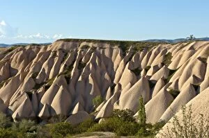 Tufa formations formed by erosion, Goreme National Park, Uchisar, Cappadocia, Nevsehir Province