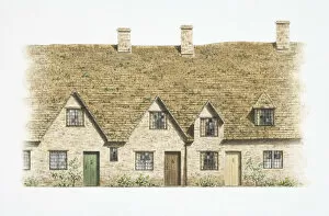 Two-storey Arlington Row cottage made of Cotswold stone, front view