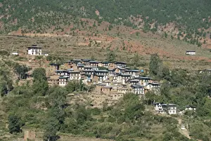 Typical Prints: Typical village built on a hillside near Wangdue Phodrang near Punakha