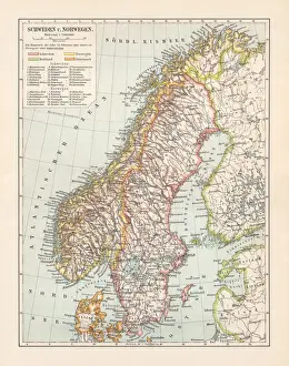 Typographic map of Sweden and Norway, lithograph, published in 1897