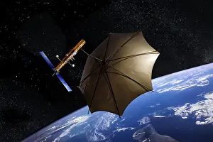A U. S. military Electronic Intelligence (ELINT) satellite with very large listening antenna in Earth orbit