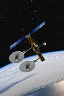 A U. S. military Signal Intelligence (SIGINT) satellite with special antennas in Earth orbit