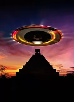 Transport Gallery: UFO over Mayan pyramid, illustration