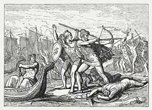 Sailing Ship Gallery: Ulysses fight against the Cicones, Greek mythology, published in 1880