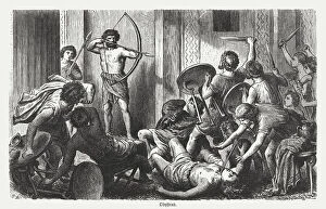 Images Dated 9th June 2016: Ulysses kills the suitors, Greek mythology, wood engraving, published 1880