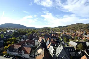 Lower Prints: UNESCCO World Heritage Site view over picturesque old town from tower of Marktkirche Goslar Lower Saxony Germany