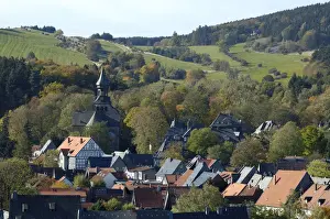 Lower Prints: UNESCCO World Heritage Site view over picturesque old town from tower of Marktkirche Goslar Lower Saxony Germany