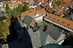 UNESCCO World Heritage Site view at Schuhhof picturesque old town from tower of Marktkirche Goslar Lower Saxony Germany