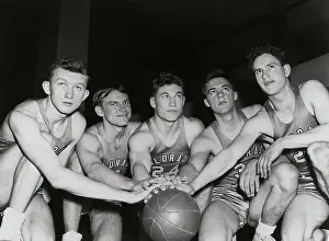 Prints of (Original Caption). New York, New York: Colorado Quintet Which Goes against N.Y.U. Tonight Hoops Through Time: A Visual Journey of Basketball History: University of Colorado Basketball Teammates Posing with the Ball