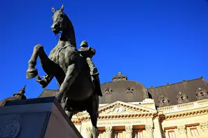 Bust Prints: University Library with equestrian statue Carol I, Bucharest, Romania