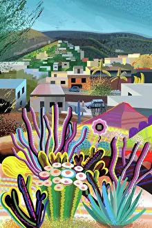 Prints of Puerto Vallarta neighborhood Illustration. Houses in bright colors with natural foreground and background Quirky Art Illustration Prints: Urban Hills, houses, garden landscape Illustration of Mexico