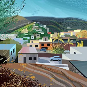 Prints of Puerto Vallarta neighborhood Illustration. Houses in bright colors with natural foreground and background Quirky Art Illustration Prints: Urban Hills, houses, park landscape Illustration of Mexico