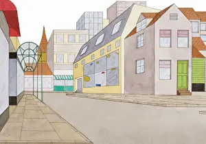 Boulevard Prints: Urban street scene including colourful and diverse architectural detail, low angle view