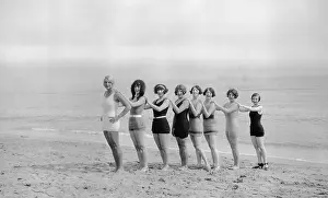 Hand On Shoulder Prints: USA, Florida, Group of young women in bathing suits on beach