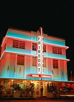 USA, Florida, Miami Beach, Art Deco Hotel illuminated at night
