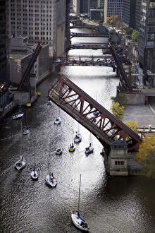 World Famous Bridges Collection: USA, Illinois, Chicago, elevated view of canal with yachts