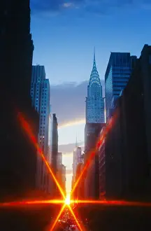 USA, New York, New York City, Chrysler Building and street at sunset