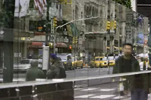 Stoplight Prints: USA, New York, New York City, reflecting street scene