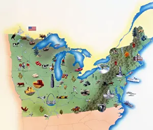 America Prints: USA, Northern States of America, map with illustrations showing distinguishing features