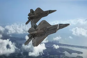 Airplane Prints: Two USAF Lockheed Martin F-22A Raptor stealth fighters flying over the coastline of Florida