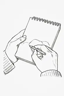 Human Hand Prints: Using pencil held in right hand to sketch rock sample on notepad