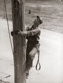 Climbing Collection: Utility Worker Man Is Climbing Electric Power Utilities Pole