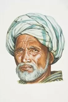 Images Dated 14th July 2006: Uzbekistan, head of Uzbek man with white beard and moustache, wearing headscarf, front view