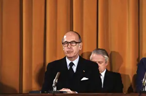 Valery Giscard Destaing Prints: Valery Giscard D'Estaing Attending News Conference