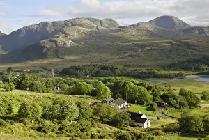 Valley with church ruins in the hills of Donegal at the Poisoned Lake, County Donegal, Republic of Ireland, Europe